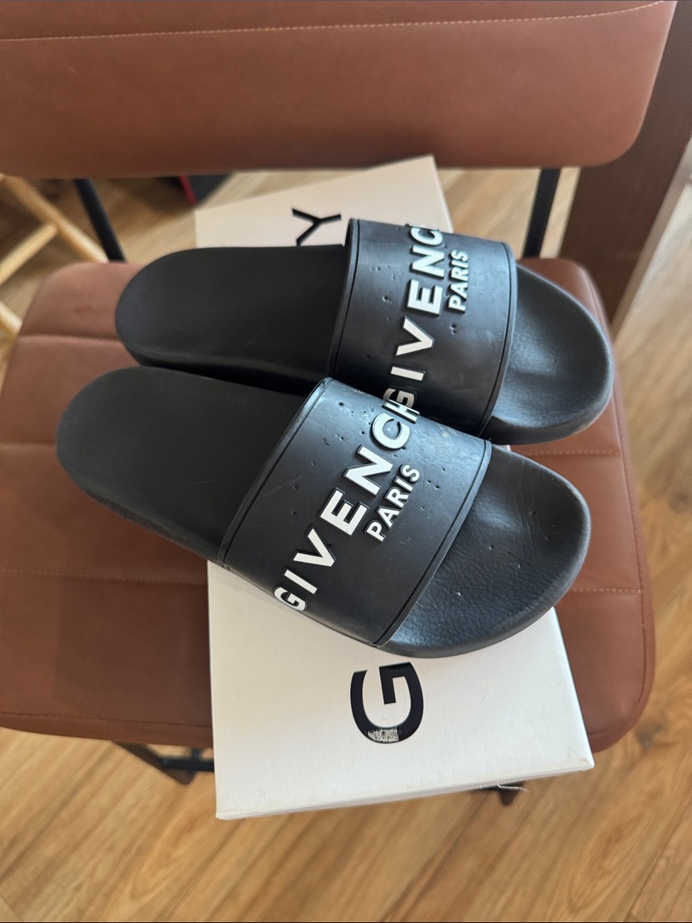 Givenchy Black Logo Slide Sandals with White Lettering